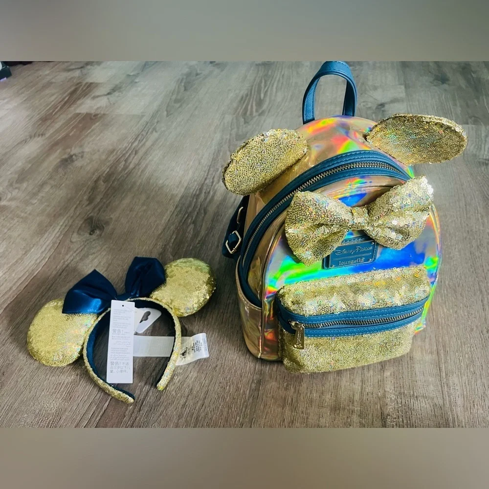 Loungefly Disney Parks 50th Anniversary Gold mini backpack & Mickey Ears